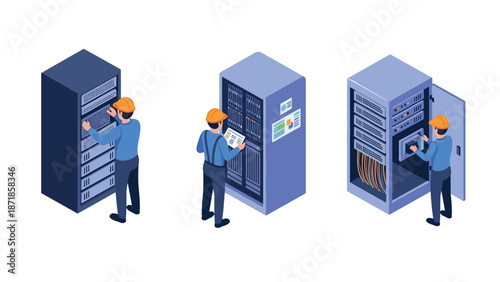 Isometric data center technicians working with servers and network equipment