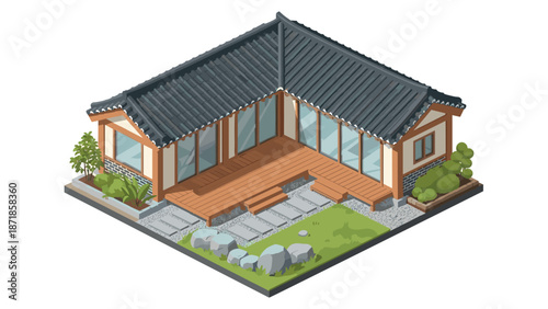 Traditional korean house in isometric design with garden and pathways