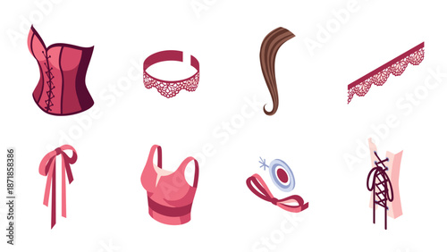 Elegant lingerie and accessories icons set in flat style with feminine fashion elements