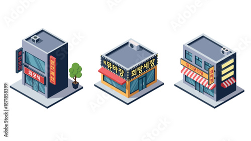 Isometric korean commercial buildings with signs featuring traditional and modern architecture