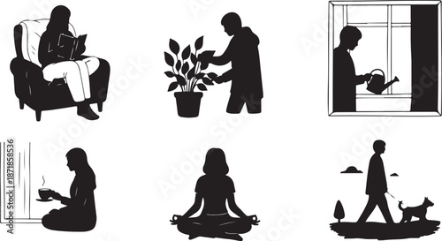 Silhouettes of people in various daily activities at home