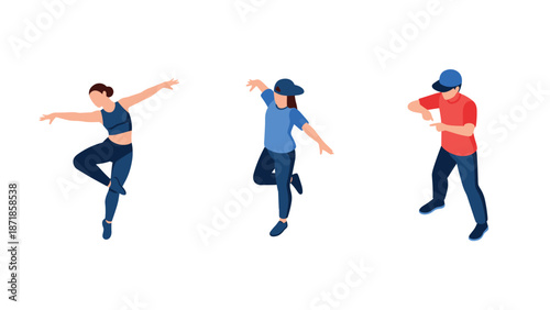 Isometric dance poses: modern hip hop characters in motion on white background