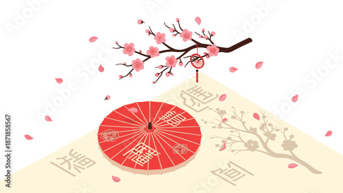 Elegant flat design of cherry blossoms with traditional red umbrella and gentle falling petals