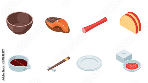 Isometric japanese cuisine elements for creative food designs