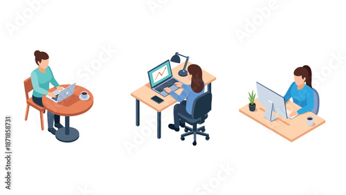 Isometric office setup: women working on laptops and desktops in modern workspace