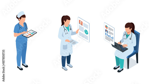 Medical professionals in isometric design analyzing data and consulting with patients