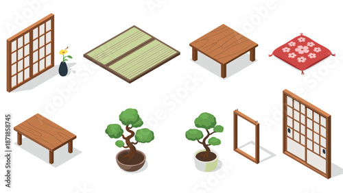 Essential elements of japanese interior design in isometric view