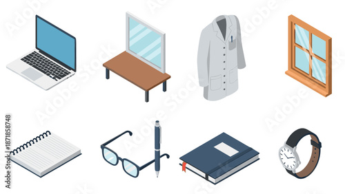 Home office essentials: isometric laptop, desk, glasses, and more