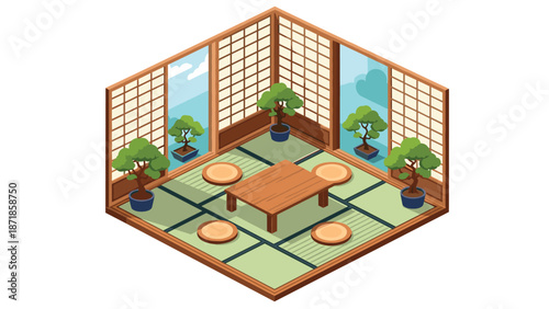 Cozy japanese tea room with tatami mats and bonsai in an isometric view