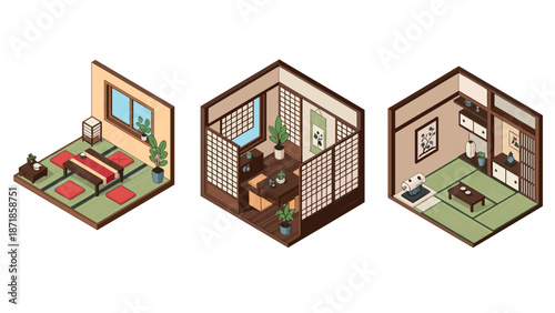 Minimalist isometric japanese interior design with traditional tatami and shoji elements