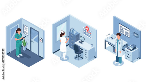 Isometric hospital rooms with healthcare professionals in medical settings