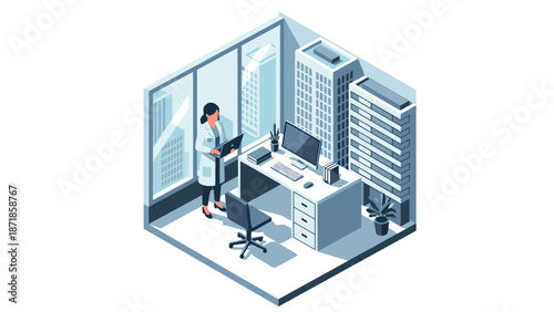 Modern office isometric design with businesswoman and cityscape view