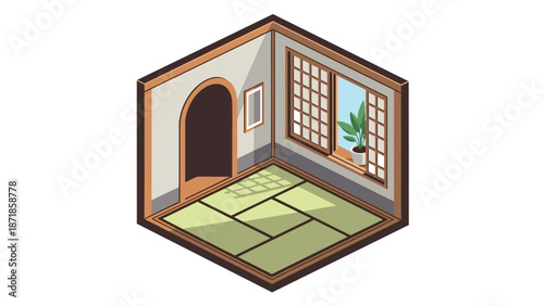 Isometric japanese room with tatami mats and sliding window