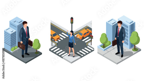 Isometric urban business scene with professionals interacting in crosswalk setting