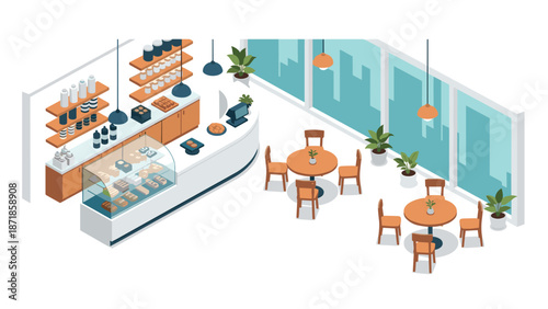 Modern isometric cafe interior with tables, chairs, and plants in bright urban setting