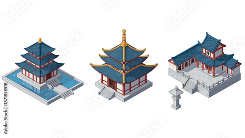 Isometric traditional asian architecture with pagodas and temples