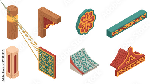 Traditional architectural elements in isometric design for cultural ornamentation