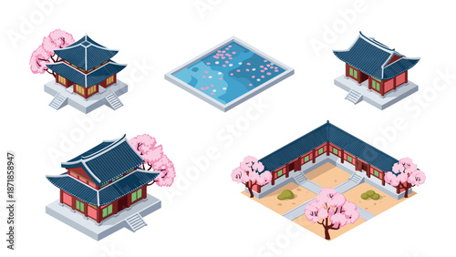 Traditional korean architecture set with cherry blossoms and pagodas in isometric design