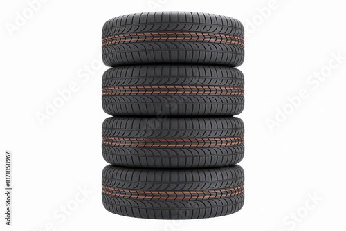 Stack of four black car tires with orange tread detail tire stack automotive vehicle parts