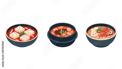 Assorted asian soups in bowls: tofu, spicy beef, and ramen in minimalist style