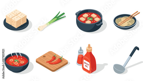 Isometric asian cuisine elements: tofu, soup, noodles, chili, and more