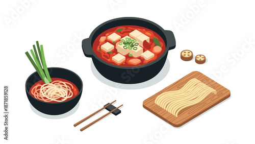 Isometric korean cuisine with kimchi stew and noodles on white background