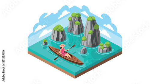 Isometric kayaking adventure amidst scenic limestone formations