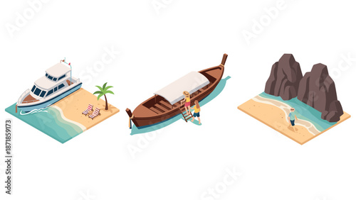 Isometric tropical beach scene with boats and coastal elements