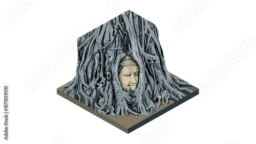 Ancient buddha face entwined in mystical tree roots in isometric style