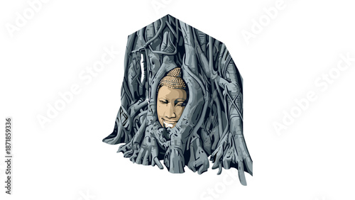 Engraved buddha head in ancient tree roots: nature and spirituality fusion