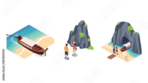 Isometric beach scenes with boats and tourists exploring caves and cliffs
