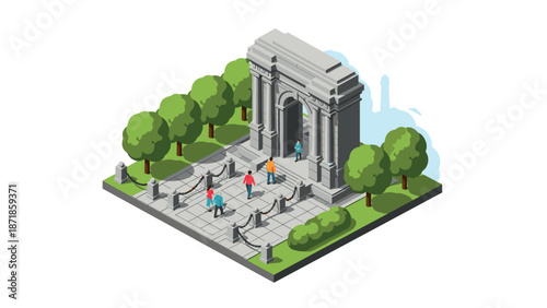 Isometric urban park with historical arch and people walking amidst trees