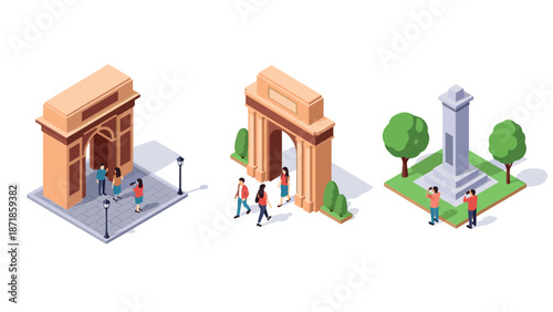 Isometric urban monuments with archways and people in park setting