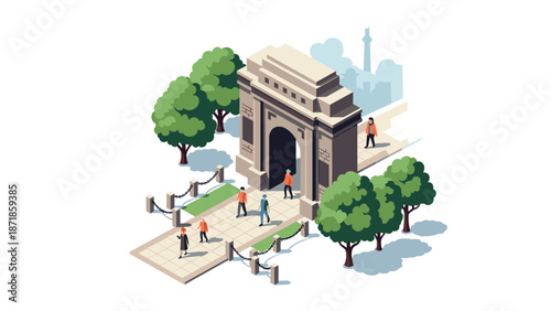 Isometric city park scene featuring iconic arch and walking people