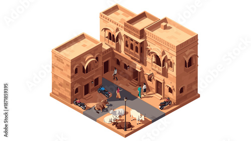 Isometric indian street scene with traditional architecture and livestock