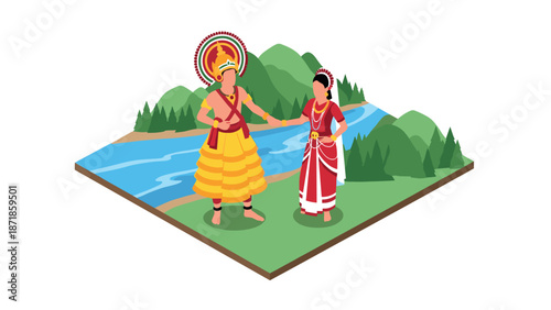 Traditional indian dance in isometric landscape with river and mountains