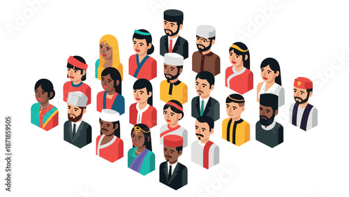 Diverse global community in isometric style: traditional attire from around the world