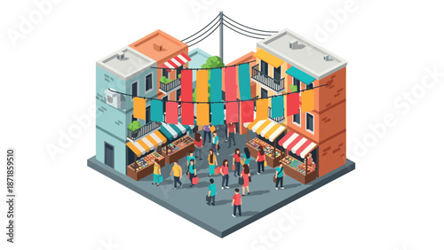 Isometric urban market scene with colorful banners and busy crowd