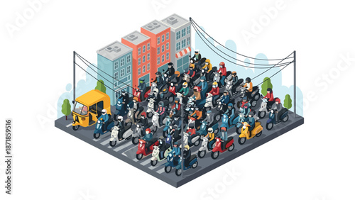 Isometric urban traffic jam with motorcycles and auto rickshaw