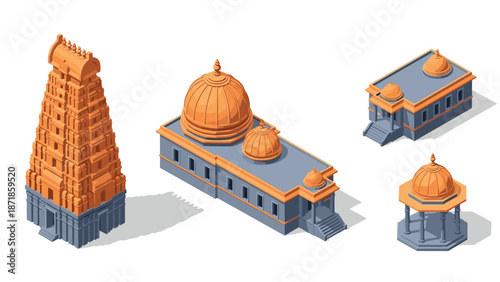 Isometric indian temple architecture with dome structures and historical buildings