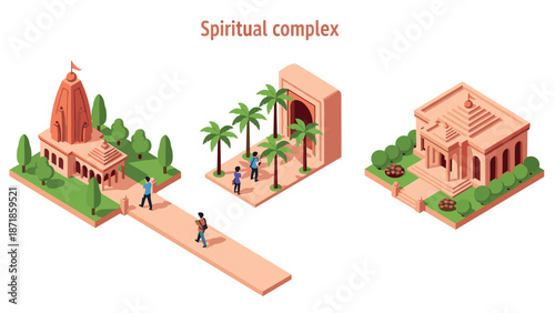 Isometric spiritual complex with temples and palm trees in vibrant design