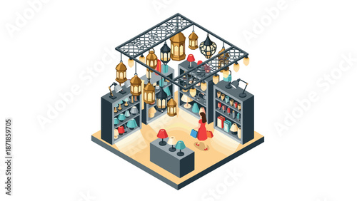 Isometric lighting store display featuring diverse ceiling and table lamps