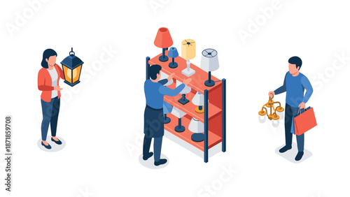Isometric people shopping for lamps in a home decor store