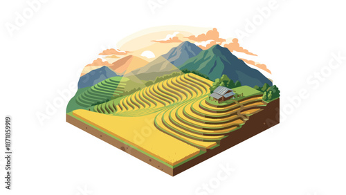 Isometric mountain landscape with rice terraces and sunrise scene