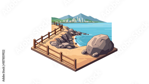 Coastal pathway with city skyline and mountains in the background