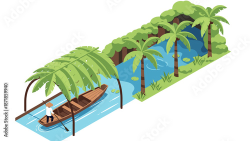 Tranquil river journey in tropical isometric landscape