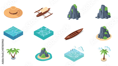 Tropical island elements with boats, rocks, palm trees, and water in isometric design