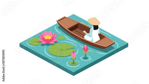 Isometric boat scene: woman rowing among lily pads and water lilies