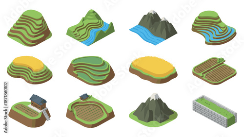 Isometric landscape elements: mountains, fields, terraces, and rivers