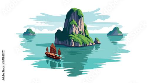 Traditional boat sailing around scenic limestone islands in tranquil waters